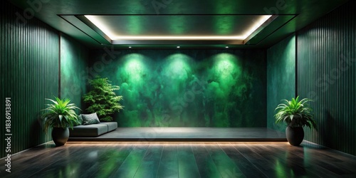 Serene Emerald Interior Design A Tranquil Space Featuring a Low Platform, Lush Greenery, and Deep Green Walls