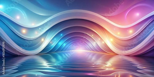 Abstract Serene Wavescape  A Digital Composition of Glowing Curvilinear Forms Reflecting in a Calm, Shimmering Water Surface