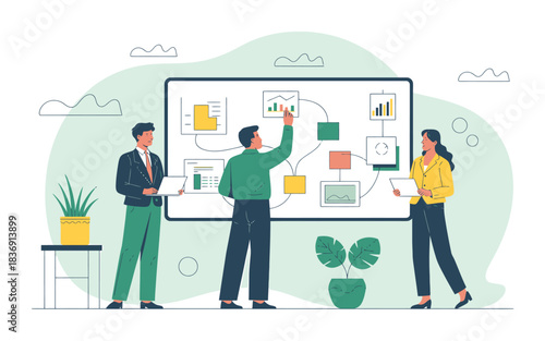 Team Discussing Workflow and Data Charts  Business Planning on Whiteboard