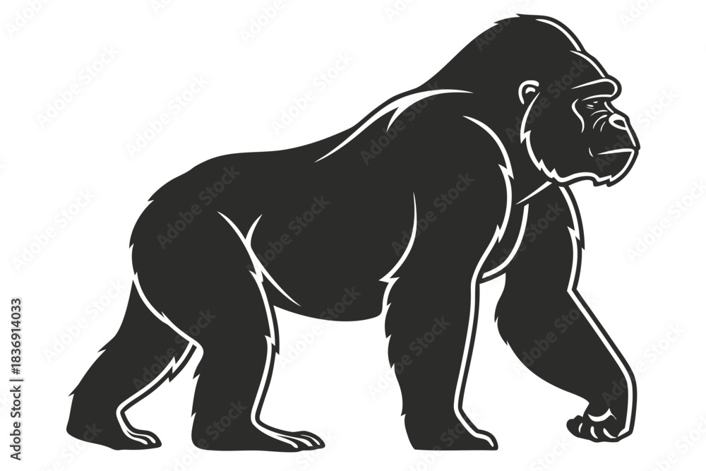 Fototapeta premium Minimal Black Silhouette of a Gorilla in a Strong Powerful Stance with a Smooth Clean Outline and Crisp Bold Vector Style on a White Background – AI Generated