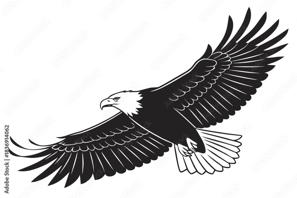 Obraz premium Minimal Black Silhouette of a Flying Eagle with Wide Spread Wings and a Crisp Clean Vector Outline on a White Background – AI Generated