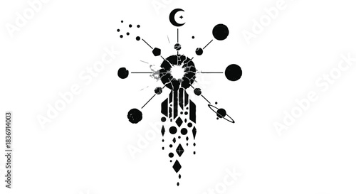 Whimsical celestial sunburst with orbiting planets and geometric patterns