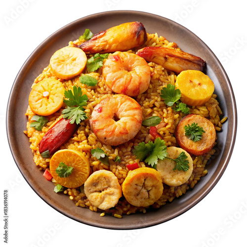Seasoned rice with shrimp plantains vegetables and herbs shown in a vibrant appetizing image