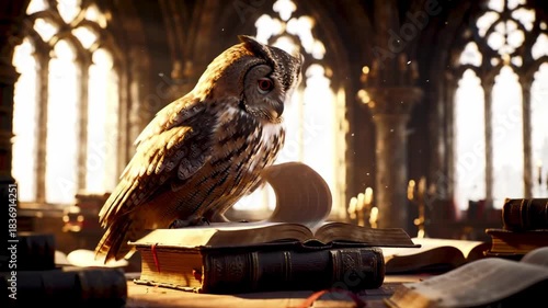 Bird perched atop stack of ancient books in ornate library setting