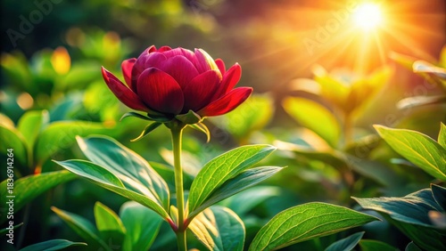 A single deep crimson flower blooms vibrantly, bathed in the warm golden glow of the setting sun, its lush green leaves illuminated, a breathtaking scene of natural beauty.