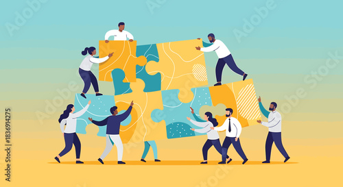 Teamwork and collaboration building a puzzle together