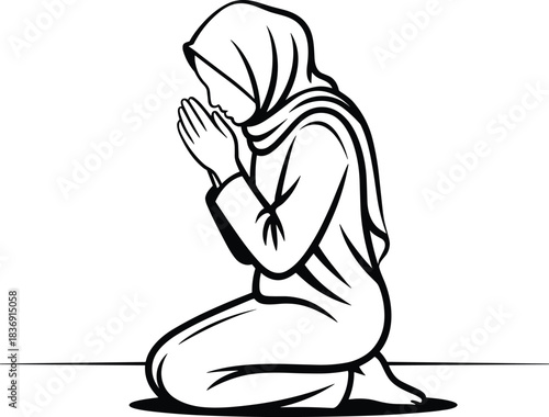 Muslim woman praying icon vector illustration of islamic prayer salah kneeling in worship with hands clasped
