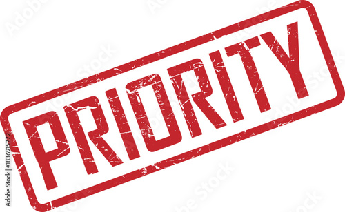 Distressed priority stamp shows significance with a bold red border on transparent background