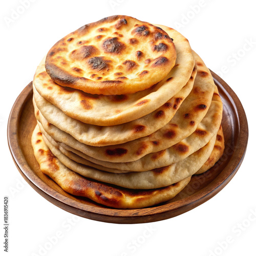 Soft golden flatbreads stacked neatly on a wooden plate in a warm rustic meal arrangement image