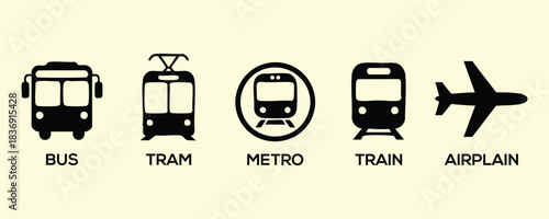 Public Transportation Icons Vector Set, Bus, Tram, Metro, Train, and Airplane Icons, Travel and Transport Symbol Collection, Mass Transit Vehicle Pictograms, Black and White Transportation .