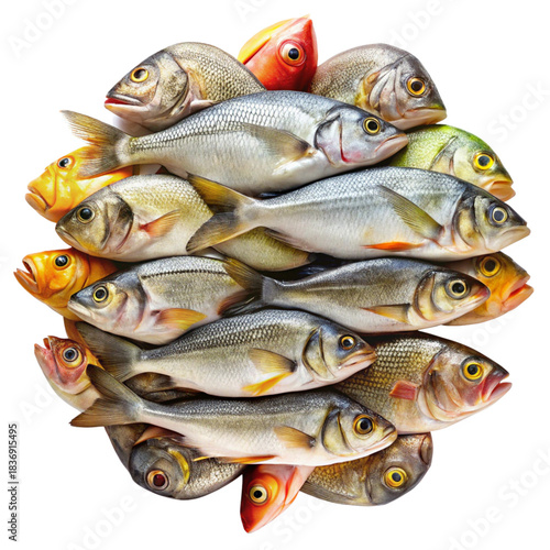 Assorted fresh fish stacked in a colorful arrangement with rich natural textures image