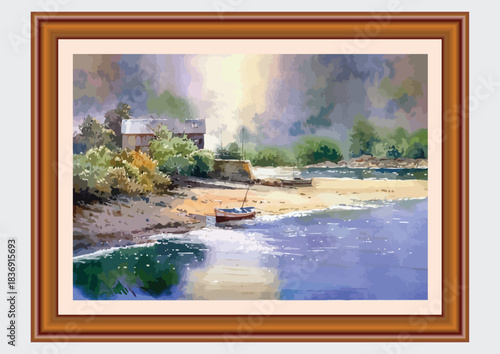 051-42-Seascape watercolor painting showing a small boat on a sandy beach at a serene coast