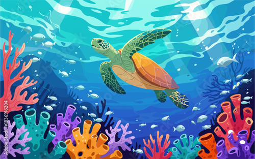 Serene vector illustration of a green sea turtle gliding above a vibrant coral reef with dappled sunlight, colorful corals, and silver fish in tranquil blue water