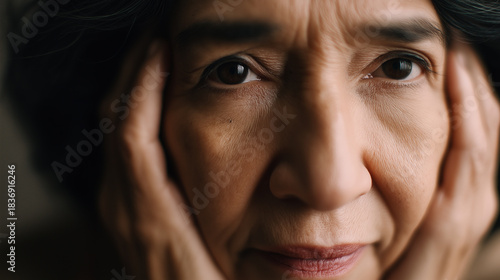 An elderly woman touching her temples with a thoughtful, slightly strained expression in a close-up portrait.
