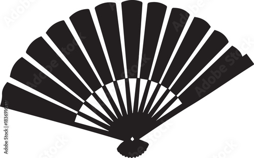 Black silhouette of an open folding fan on a white background