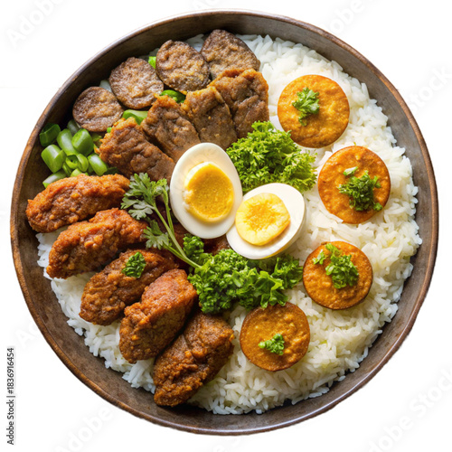 Traditional rice dish with fried eggs meat and herbs arranged in a hearty bowl presentation image