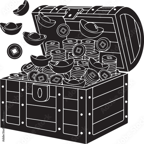 Treasure chest overflowing with gold coins and jewels illustration