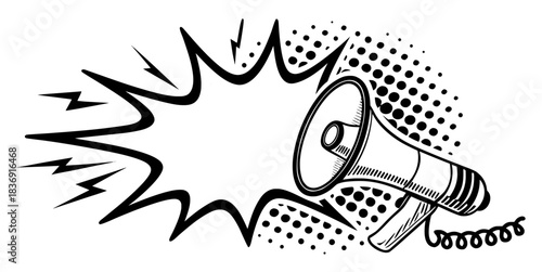 Comic-style megaphone illustration with explosive sound burst lines, bold black and white pop art communication design concept