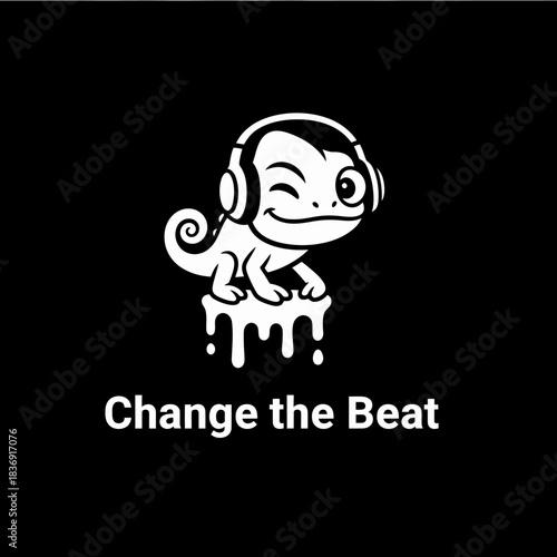 A cute cartoon chameleon wearing headphones winks, with a dripping effect below, and the text 'Change the Beat' on a black background.