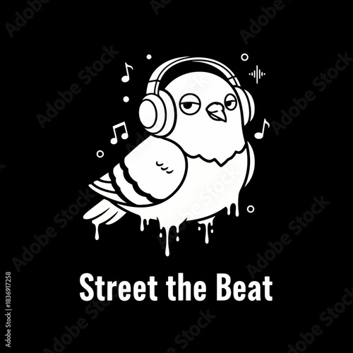 A stylized illustration of a pigeon wearing headphones and listening to music, with musical notes and dripping paint effects, and the text "Street the Beat" below.