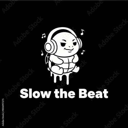 A cartoon white turtle wearing headphones with musical notes, sitting on a black background, with the text "Slow the Beat" below it, depicting a relaxed musical vibe.