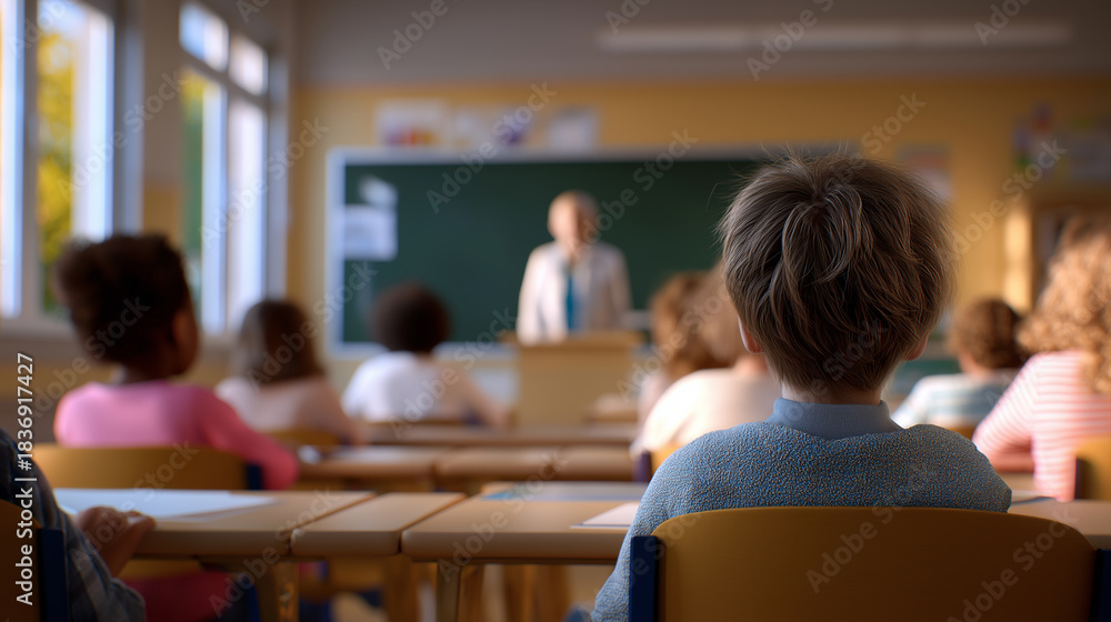 Fototapeta premium Young students sitting at their desks and listening to a teacher at the front of a bright classroom. 