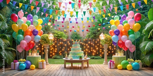 Joyful Outdoor Celebration with Festive Decor and a Multi-Tiered Cake