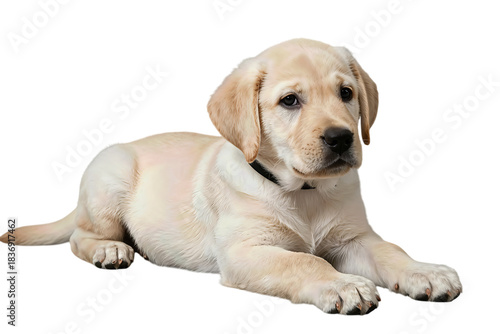 Cute yellow Labrador puppy lying down isolated