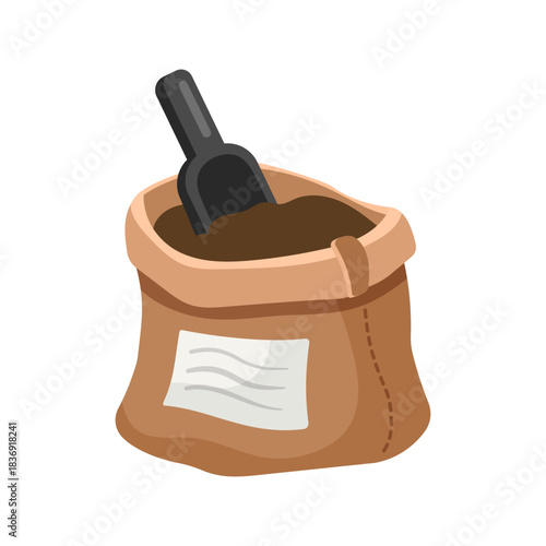 Coffee in bag with scoop. Sack with coffee grains, cocoa powder. Coffee beans bale in cartoon style, vector illustration. Vector illustration isolated on white background.