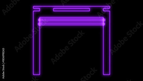 A vibrant neon purple torii gate symbol, representing spiritual traditions and cultural heritage, glowing brightly isolated on black background