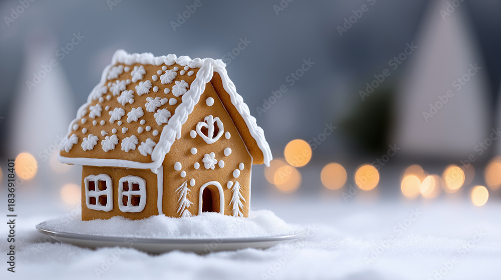 Obraz premium Decorative gingerbread house covered with white icing standing on a snowy surface with warm festive lights in the background.