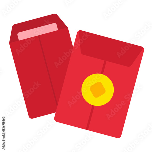 Flat icon of two red envelopes placed together in a festive arrangement. Perfect for Chinese New Year celebrations, gifting visuals, traditional symbols, and holiday-themed designs.