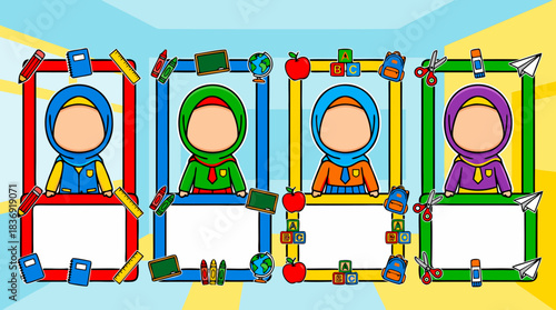 Cute Muslim Kids School Frames: Diverse Education Cartoon Illustration