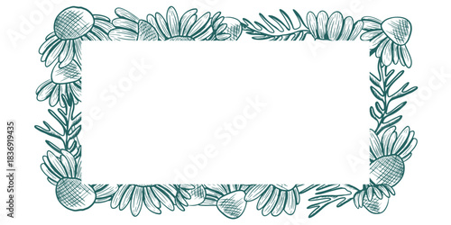 Rectangular frame with space for text and a chamomile with leaves. Vector frame in line art style. Botanical drawing of wildflowers. Executed in a popular dark turquoise shade. Nature engraving.