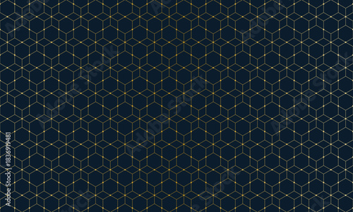 Elegant geometric gold pattern with hexagonal and triangular lines and dots on dark background