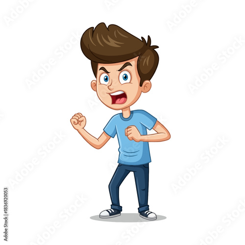 Cartoon illustration of an angry boy with brown hair and blue shirt, clenching his fists in a confrontational stance.