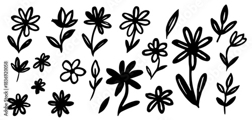 Hand drawn black floral vector set. Abstract flower doodles, sketch petals, leaves, buds for design. Botanical ink illustration for crafts, decor, and school art projects.