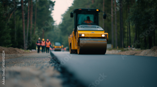 Road roller compacting freshly laid asphalt during road construction work.
