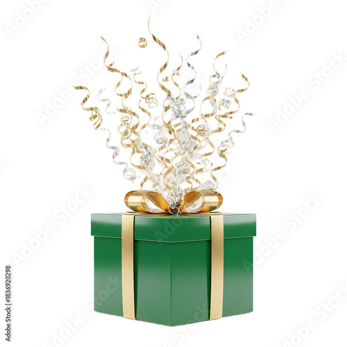A vibrant green gift box with a golden ribbon explodes with a burst of shimmering confetti and streamers against a stark black background symbolizing surprise and celebration