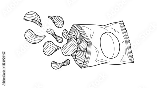 “Open Chips Packet Line Art Icon – Hand-Drawn Snack Vector Illustration”