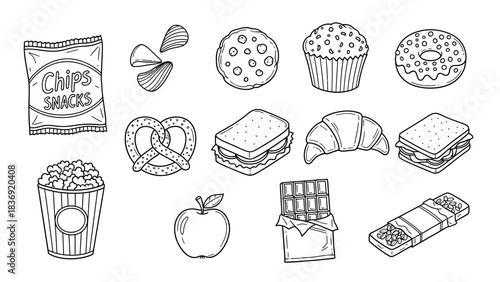 “Hand-Drawn Snack Icon Set – Doodle Food Vector Pack with Cookies, Donuts, Chips & More”