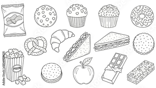 “Hand-Drawn Snack Icon Set – Doodle Food Vector Pack with Cookies, Donuts, Chips & More”