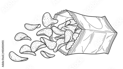 “Open Chips Packet Line Art Icon – Hand-Drawn Snack Vector Illustration”