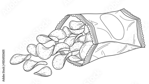 “Open Chips Packet Line Art Icon – Hand-Drawn Snack Vector Illustration”