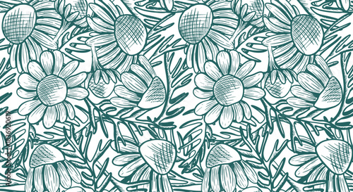 A seamless vector pattern with chamomile flowers and leaves arranged in an interesting pattern. A monochrome botanical illustration featuring wildflowers. Hand-drawn line art with flower silhouettes.