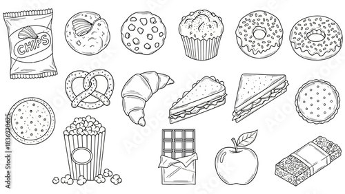 “Hand-Drawn Snack Icon Set – Doodle Food Vector Pack with Cookies, Donuts, Chips & More”