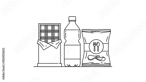 “Minimal Snack Pack Line Art Icon – Chips, Chocolate Bar and Water Bottle Vector Illustration”