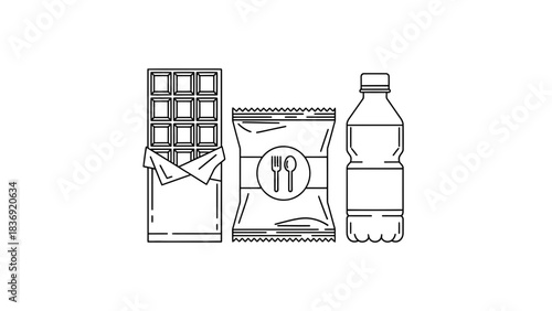“Minimal Snack Pack Line Art Icon – Chips, Chocolate Bar and Water Bottle Vector Illustration”
