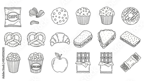 “Hand-Drawn Snack Icon Set – Doodle Food Vector Pack with Cookies, Donuts, Chips & More”