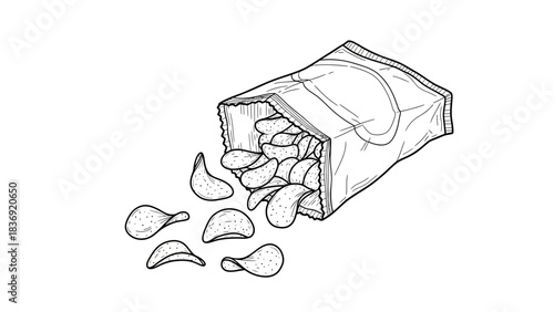 “Open Chips Packet Line Art Icon – Hand-Drawn Snack Vector Illustration”